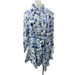 H&M Women's White Blue Floral Belted Long Sleeve Button Down Mini Shirt Dress L